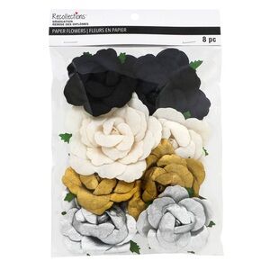 8pc Paper Flowers in Black Gold Silver White Graduation Decor by Recollections